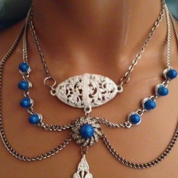 OOAK Artisan Vintage White/Blue Victorian Festoon Style Assemblage Drop Necklace - Picture 5 of 8